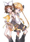  2girls arm_warmers back-to-back blonde_hair bow brown_hair cosplay detached_sleeves hair_bow headphones headset highres kagamine_len kagamine_len_(cosplay) kagamine_rin kagamine_rin_(cosplay) kill_me_baby leg_warmers locked_arms long_hair midriff midriff_peek multiple_girls neckerchief necktie open_mouth oribe_yasuna oshio_(oo_go) purple_eyes sailor_collar short_hair shorts sketch sonya_(kill_me_baby) twintails vocaloid white_background white_bow yellow_neckwear 