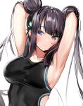  1girl absurdres armpits arms_behind_head arms_up bangs bare_shoulders black_swimsuit blue_eyes blush breasts double_bun fate/grand_order fate_(series) hair_ornament highres large_breasts leaf_hair_ornament long_hair looking_at_viewer one-piece_swimsuit purple_hair revision sidelocks silver_(chenwen) simple_background swimsuit twintails very_long_hair white_background yang_guifei_(fate/grand_order) 