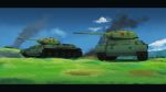  absurdres caterpillar_tracks cloud day emblem fire girls_und_panzer grass ground_vehicle highres hill huge_filesize military military_vehicle motor_vehicle no_humans persocon93 pravda_(emblem) sky smoke t-34 tank tree 