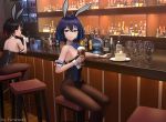  2girls alcohol animal_ears armband beer black_hair black_legwear black_leotard blue_eyes blue_hair blue_neckwear bottle bow bowtie bunny_ears bunny_girl bunny_tail bunnysuit cake chinese_commentary commentary_request counter cup detached_collar drinking_glass fake_animal_ears fervheart food glass highres honkai_(series) honkai_impact_3rd leotard multicolored_hair multiple_girls pantyhose red_eyes red_hair seele_(alter_ego) seele_vollerei shiny shiny_clothes sitting solo_focus stool strapless strapless_leotard tail two-tone_hair wine wine_glass wrist_cuffs 