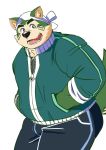  2020 anthro black_nose bottomwear canid canine canis clothing domestic_dog fur green_body green_fur hi_res kemono kumamikan lifewonders live_a_hero male mammal mokdai overweight overweight_anthro overweight_male pants simple_background solo white_background 