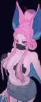  &lt;3 &lt;3_eyes animal_humanoid big_breasts black_background bottomwear breasts chiropteran chiropteran_humanoid clothed clothing face_mask female hair hi_res humanoid mammal mammal_humanoid nipple_outline noblood pasties pink_body pink_hair simple_background skirt solo topless 