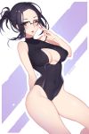  1girl arm_behind_back artist_name bangs bare_arms bare_shoulders black_hair black_swimsuit blush breasts cleavage cleavage_cutout commentary covered_navel cowboy_shot darling_in_the_franxx glasses green_eyes groin hand_up highleg highleg_swimsuit ikuno_(darling_in_the_franxx) large_breasts leotard long_legs looking_at_viewer medium_breasts nanoless one_eye_closed open_mouth parted_bangs ponytail short_hair smile solo swimsuit thighs 