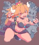  1girl abs armlet artist_name bangs bare_shoulders black_footwear blonde_hair bob-omb boo bowsette bracelet breasts brown_background bullet_bill buzzy_beetle chain_chomp claw_pose claws cleavage closed_mouth collar collarbone commentary_request crown dry_bones earrings english_commentary fangs full_body gem goomba hands_up heart high_heels horns jewelry kneeling large_breasts looking_at_viewer mario_(series) mini_crown mixed-language_commentary navel new_super_mario_bros._u_deluxe open_mouth orange_panties outline panties piranha_plant pointy_ears ponytail red_eyes sharp_teeth shoes signature smile solo_focus spiked_bracelet spiked_collar spikes star_(symbol) starmilk strapless striped striped_panties super_crown tail teeth thwomp tied_hair tongue tongue_out tubetop turtle_shell underwear white_outline 
