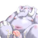  2011 anthro balls belly blush bodily_fluids chiro_(artist) cum cum_on_leg elephant elephantid genital_fluids genitals kemono male mammal moobs navel nipples overweight overweight_anthro overweight_male penis proboscidean simple_background solo white_background 