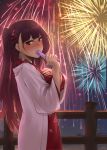  1girl absurdres barrette blush closed_mouth crossed_arms eyebrows_visible_through_hair fireworks girls_frontline hair_ornament hand_up highres huge_filesize japanese_clothes kimono long_hair looking_at_viewer purple_hair red_eyes solo standing stigmamyu wa2000_(girls_frontline) 