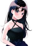  1girl bare_shoulders black_dress black_hair blue_eyes blush breasts collarbone dress eyebrows_visible_through_hair hanako151 head_tilt long_hair looking_at_viewer medium_breasts original parted_lips solo white_background 