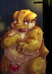  2013 amphibian anthro belly blush chiro_(artist) frog genitals kemono male messiah_rundall night outside overweight overweight_anthro overweight_male penis raining solo wet 