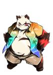  2014 anthro black_body black_fur bottomwear chiro_(artist) clothed clothing fanfan fur giant_panda kemono mammal open_clothing open_shirt open_topwear overweight overweight_anthro red_body red_fur shirt shorts simple_background solo topwear ursid white_background white_body white_fur 