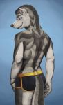  abs absurd_res anthro arctic_wolf biceps blue_eyes bottomwear bulge butt canid canine canis clothed clothing digital_media_(artwork) fur grey_body grey_fur hair hi_res looking_at_viewer male mammal momamo muscular muscular_anthro muscular_male pinup pose simple_background smile solo standing tongue topless underwear white_body white_fur wolf 