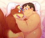  2014 anthro bed belly blush chiro_(artist) cuddling duo furniture hug human kemono lying male male/male mammal overweight overweight_male pillow 