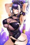  1girl absurdres armlet armpits arms_up bangs bare_shoulders black_gloves black_swimsuit blush bottomless breasts commentary_request covered_navel excessive_pubic_hair fate/grand_order fate_(series) fingerless_gloves flower gloves gold_trim hair_flower hair_ornament hair_pulled_back hair_up half_gloves hero_neisan highleg highleg_swimsuit highres huge_breasts huge_filesize large_breasts long_hair looking_at_viewer murasaki_shikibu_(fate) murasaki_shikibu_(swimsuit_rider)_(fate) one-piece_swimsuit pubic_hair purple_eyes purple_hair single_thighhigh solo sweat swimsuit thighhighs thighs tied_hair underboob 