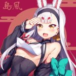  1girl animal_ears azur_lane blush breasts bunny_ears character_name collarbone commentary_request detached_sleeves hair_between_eyes headband highres looking_at_viewer open_mouth portrait raiou red_background salute shimakaze_(azur_lane) silver_hair small_breasts solo yellow_eyes 