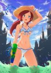  1girl arm_up armpits bikini blue_sky breasts day green_eyes hat heartsix highres long_hair looking_at_viewer medium_breasts navel ocean original red_hair sky solo summer swimsuit water water_gun white_bikini 