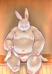  2014 anthro belly bodily_fluids bulge chiro_(artist) kemono lagomorph leporid male mammal moobs nipples overweight overweight_anthro overweight_male rabbit sitting solo sweat towel 