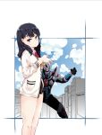  black_hair blue_eyes cloud cloudy_sky gridman_(character) gridman_(ssss) hands_together kitanxjk miniskirt scrunchie skirt sky ssss.gridman sweater_vest takarada_rikka thighs 