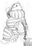  2014 anthro belly bottomwear chiro_(artist) clothing felid feline kemono lying male mammal monochrome overweight overweight_anthro overweight_male pants scar shirt solo topwear 