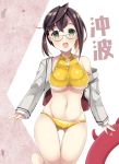  1girl akikaze_tsumuji alternate_breast_size bikini blue-framed_eyewear blush breasts character_name enemy_lifebuoy_(kantai_collection) eyebrows_visible_through_hair glasses green_eyes jacket kantai_collection large_breasts long_sleeves off_shoulder okinami_(kantai_collection) open_mouth polka_dot polka_dot_bikini purple_hair shinkaisei-kan short_hair simple_background solo swimsuit two-tone_background underboob yellow_bikini 