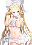  1girl abigail_williams_(fate/grand_order) abigail_williams_(swimsuit_foreigner)_(fate) absurdres bangs bare_shoulders bikini blonde_hair blue_eyes blush bonnet bow braid breasts fate/grand_order fate_(series) forehead hair_bow hair_rings highres long_hair looking_at_viewer miniskirt navel parted_bangs sidelocks simple_background skirt small_breasts smile sog-igeobughae swimsuit thighs twin_braids twintails very_long_hair white_background white_bikini white_bow white_headwear 