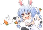 1girl :d animal_ear_fluff animal_ears bangs bare_shoulders black_gloves black_legwear black_leotard blood blood_from_mouth blue_hair bow braid breasts bunny_ears bunny_girl bunny_tail carrot_hair_ornament cleavage detached_sleeves don-chan_(usada_pekora) dress eyebrows_visible_through_hair food food_on_face food_themed_hair_ornament fur-trimmed_gloves fur_trim gloves greenteaneko hair_between_eyes hair_bow hair_ornament highres holding hololive leotard long_hair medium_breasts multicolored_hair open_mouth pantyhose puffy_short_sleeves puffy_sleeves red_eyes short_eyebrows short_sleeves simple_background smile strapless strapless_dress strapless_leotard tail thick_eyebrows turn_pale twin_braids twintails two-tone_hair upper_teeth usada_pekora very_long_hair virtual_youtuber white_background white_bow white_dress white_hair white_sleeves 
