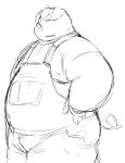  2014 anthro chiro_(artist) clothing domestic_pig eyes_closed kemono male mammal monochrome moobs overalls overweight overweight_anthro overweight_male simple_background solo suid suina sus_(pig) white_background 