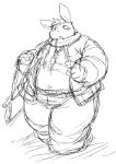  2013 anthro belly blush bottomwear chiro_(artist) clothing kemono lagomorph leporid male mammal monochrome overweight overweight_anthro overweight_male pants rabbit scarf simple_background solo white_background 