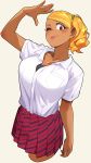  1girl ;) arm_at_side arm_up blonde_hair breast_pocket breasts cleavage closed_mouth collared_shirt dark_skin degraded_ice gyaru highres komi-san_wa_komyushou_desu large_breasts looking_at_viewer manbagi_rumiko one_eye_closed pleated_skirt pocket red_skirt shirt short_hair skirt smile solo tongue tongue_out white_shirt wing_collar 