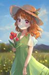  1girl absurdres aikatsu! aikatsu!_(series) blush bug butterfly cloud cloudy_sky day dress eyebrows_visible_through_hair flower grass hair_down hat hat_feather hat_leaf highres holding holding_flower insect mountain nature ogura_(sao_no) oozora_akari orange_hair outdoors petals red_eyes scenery short_sleeves sky smile solo straw_hat tree tulip wind 