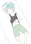  1boy blue_hair child closed_eyes commentary flushed lying male_focus navel on_back open_mouth original os_(os_fresa) shirt_lift shorts simple_background solo solo_focus sweat textless white_background 