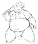  2014 anthro belly chiro_(artist) clothing kemono loincloth male mammal monochrome moobs overweight overweight_anthro overweight_male simple_background solo suid suina sus_(pig) weapon white_background wild_boar 