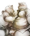  2015 anthro blush bodily_fluids bulge canid canine canis chiro_(artist) clothing domestic_dog duo genital_fluids kemono male male/male mammal moobs necktie nipples overweight overweight_male precum shirt topwear underwear 