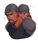  2boys beanie carrying child crying dark_skin dbdkitty facial_hair father_and_son goatee hat highres male_focus multiple_boys overwatch piggyback raglan_sleeves reaper_(overwatch) 