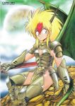  1990s_(style) 1girl armor armored_boots blonde_hair boots capricorn_(ova) copyright_name dragon_girl dragon_horns dragon_tail dragon_wings earrings gauntlets horns jewelry long_hair manabe_jouji mona_(capricorn) multicolored_hair non-web_source official_art pauldrons red_hair retro_artstyle shoulder_armor sitting solo tail two-tone_hair wings 
