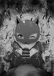  1boy 1girl :&gt;= bangs bar_censor blush breasts cat_mask censored cleavage_cutout fellatio from_above greyscale hetero indoors kurotama large_breasts latex_bodysuit looking_at_viewer mask monochrome one_eye_closed oral persona persona_5 pointless_censoring pov solo_focus sound_effects squatting takamaki_anne tile_floor tiles toilet twintails 