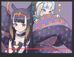  +_+ 2girls absurdres black_hair blue_eyes blue_hair breasts eating english_commentary gawr_gura hair_ornament highres hololive hololive_english livestream long_hair multiple_girls ninomae_ina&#039;nis purple_eyes simple_background small_breasts syhan tears tentacles 