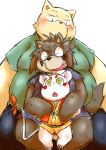  2013 anthro bottomwear brown_body brown_fur canid canine canis chiro_(artist) clothing domestic_dog fur group hug kemono male mammal mouse murid murine overweight overweight_male pants rodent shirt sitting topwear white_body white_fur 