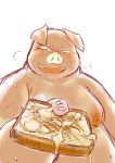  2014 anthro belly blush bodily_fluids chiro_(artist) cum_on_food domestic_pig food kemono male mammal moobs nipples overweight overweight_anthro overweight_male simple_background solo suid suina sus_(pig) sweat white_background 