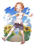  1girl :d ^_^ bangs bare_arms blush brown_footwear brown_hair closed_eyes collared_shirt day facing_viewer field flower flower_field forehead grey_shorts hair_flower hair_ornament hairclip highres idolmaster idolmaster_cinderella_girls neck_ribbon open_mouth outstretched_arms parted_bangs ribbon ryuuzaki_kaoru sandals shirt short_hair short_shorts shorts sleeveless sleeveless_shirt smile solo spread_arms standing standing_on_one_leg sunflower sunflower_hair_ornament white_shirt yellow_flower yellow_ribbon yukie_(kusaka_shi) 