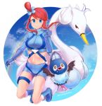  1girl blue_footwear blue_gloves blue_shorts breasts crop_top elbow_gloves floating_hair fukaya_miku gen_5_pokemon gloves gym_leader holster looking_at_viewer medium_breasts midriff navel pokemon pokemon_(creature) pokemon_(game) pokemon_bw red_hair shiny shiny_hair short_hair_with_long_locks short_shorts shorts sidelocks skyla_(pokemon) stomach swanna swoobat thigh_holster thigh_strap tied_hair twitter_username 