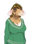  anthro big_breasts bovid bovine breasts cattle cleavage clothed clothing digital_media_(artwork) female green_clothing green_sweater green_topwear guide_lines hair half-length_portrait hi_res hladilnik long_ears mammal multicolored_body multicolored_hair portrait pruple_eyes simple_background sketch solid_color_background solo spots sweater three-quarter_portrait topwear two_tone_hair white_background 