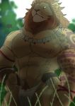  2020 anthro big_muscles biped brown_body brown_fur brown_mane clothed clothing detailed_background digital_media_(artwork) felid fur giraffe_(artist) grass half-length_portrait hand_on_hip hi_res jewelry lion lion-san loincloth looking_at_viewer male mammal mane muscular muscular_anthro muscular_male necklace orange_eyes outside pantherine pink_nose portrait signature solo standing tattoo topless tribal whiskers 