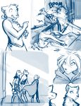  anthro blue_and_white canid canine canis cape clothing clovis_(twokinds) conditional_dnp explosion fox group male mammal monochrome sythe_(twokinds) tom_fischbach twokinds webcomic wolf 