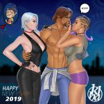  2019 2boys 2girls abs absurdres arm_around_waist arm_tattoo ashe_(overwatch) ass beard black_choker black_gloves black_nails black_pants blue_pants bracelet breasts bulge butt_crack chibi chibi_inset choker cleavage clothes_around_waist commentary crop_top dark_skin denim earrings english_commentary eye_contact eyeshadow facial_hair finger_to_another&#039;s_nose finger_to_nose fingerless_gloves flirting girl_sandwich gloves hair_over_one_eye hand_on_hip hanzo_(overwatch) happy_new_year hetero highleg highleg_panties highres jealous jeans jewelry joints kbal large_breasts leather leather_pants lips lipstick looking_at_another makeup mccree_(overwatch) mechanical_arm medium_breasts midriff mixed-language_commentary mole mole_above_mouth mole_under_eye multiple_boys multiple_girls nail_polish new_year night no_bra nose overwatch pale_skin panties pants pectorals plunging_neckline purple_hair purple_lipstick purple_shorts red_choker red_lipstick ribbon_choker ring robot_joints sandwiched shirt shirt_around_waist short_hair short_shorts shorts sideboob silver_hair skull_earrings skull_ring sleeveless sombra_(overwatch) spanish_commentary spiked_bracelet spikes stubble stud_earrings tan tattoo undercut underwear whale_tail 