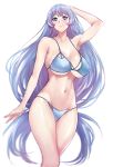  1girl alternate_costume arm_up armpits bangs bikini blue_bikini blue_eyes blue_hair boku_no_hero_academia breasts cleavage closed_mouth eyebrows_visible_through_hair hadou_nejire large_breasts light_blue_hair long_hair navel pink_lips smile standing stomach swimsuit underboob very_long_hair white_background zucchini 