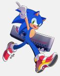  2020 absurd_res anthro biped blue_body blue_fur clothing eulipotyphlan footwear fur gloves green_eyes guardian_units_of_nations handwear hedgehog hi_res holding_object male mammal miijiu open_mouth open_smile shoes signature simple_background smile soap_shoes solo sonic_adventure sonic_the_hedgehog sonic_the_hedgehog_(series) walking white_background 