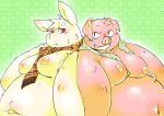  2013 anthro belly blush bodily_fluids chiro_(artist) domestic_pig duo english_text kemono lagomorph leporid male mammal moobs nipples obese overweight overweight_male rabbit suid suina sus_(pig) sweat text 