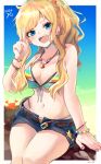  1girl :d arm_support bare_shoulders belt bikini blonde_hair blue_eyes blue_shorts bracelet breasts cleavage denim denim_shorts e-co front-tie_bikini front-tie_top halterneck hand_up highleg highleg_bikini idolmaster idolmaster_cinderella_girls jewelry large_breasts long_hair looking_at_viewer multicolored multicolored_bikini multicolored_clothes navel necklace ootsuki_yui open_fly open_mouth short_shorts shorts sitting smile solo stomach strap_gap string_bikini striped striped_bikini swimsuit thighs v wavy_hair 
