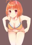  1girl 38-21 antenna_hair ass bangs bare_arms bare_legs blush bra breasts brown_background cleavage collarbone eyebrows_visible_through_hair looking_at_viewer love_live! love_live!_sunshine!! medium_breasts navel orange_bra orange_hair orange_panties panties panty_pull red_eyes short_hair simple_background sleeveless smile solo takami_chika thighs underwear underwear_only 