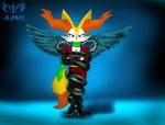  anthro blue_eyes braixen breasts clothed clothing female fluffy fluffy_tail fur knightmoonlight98 multicolored_body multicolored_fur nintendo pok&eacute;mon pok&eacute;mon_(species) simple_background solo two_tone_body two_tone_fur video_games white_body white_fur wings yellow_body yellow_fur 