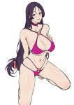  1girl alternate_costume arm_behind_back bangs bikini blush breasts choker cleavage commentary_request fate/grand_order fate_(series) hand_on_own_chest kneeling large_breasts long_hair low-tied_long_hair low_tied_hair minamoto_no_raikou_(fate/grand_order) navel o-ring o-ring_bikini open_mouth parted_bangs pink_bikini purple_choker purple_eyes purple_hair swimsuit thighs very_long_hair white_background zucchini 